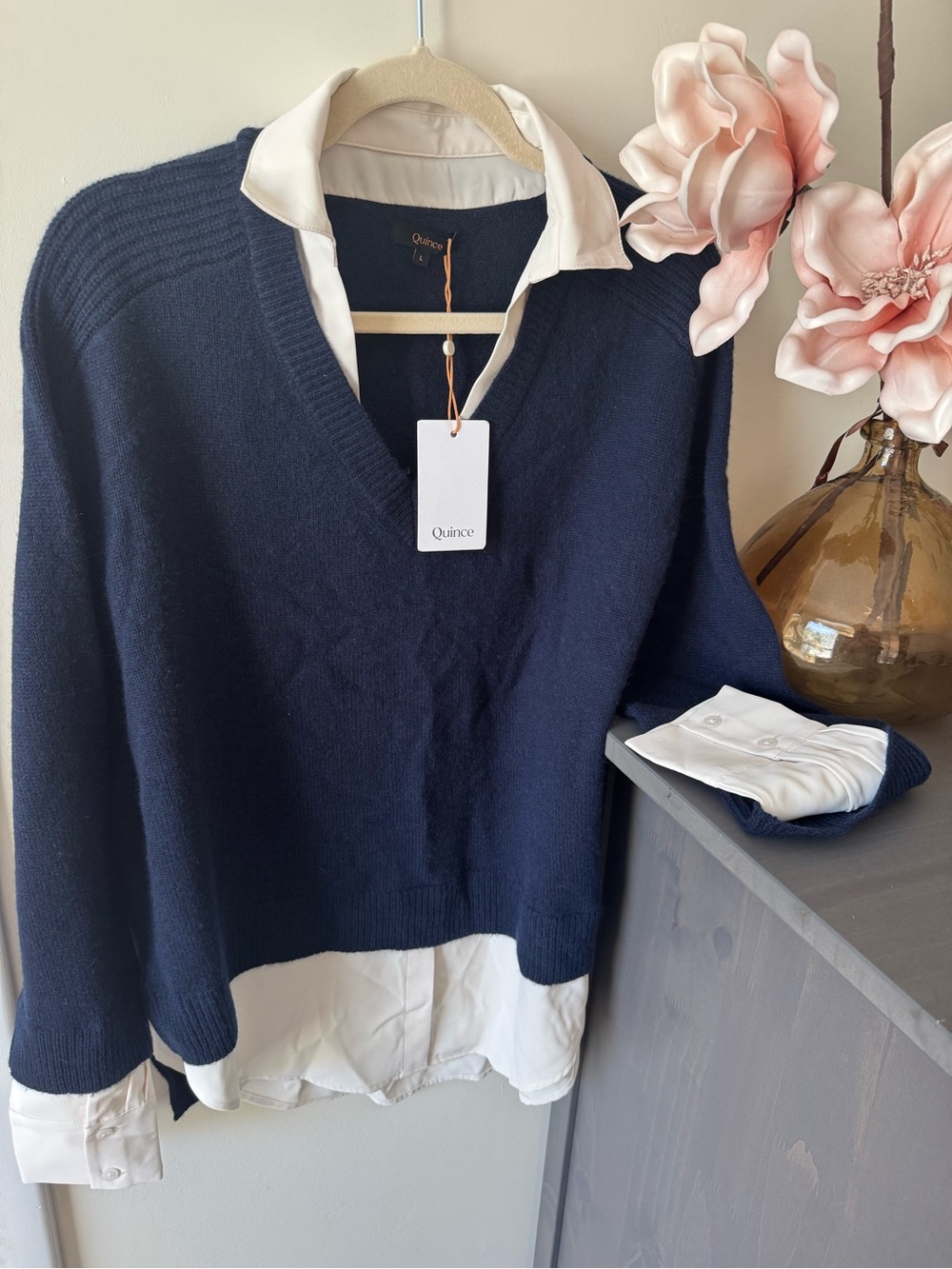 NWT Quince Cashmere Mixed Media Layered V-Neck Sweater Navy L